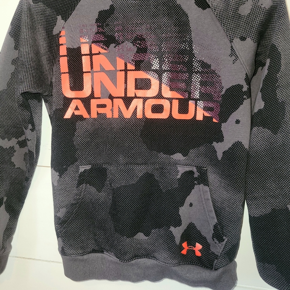 Boys under Armour large 12/14 Grey, black and orange hoodie.